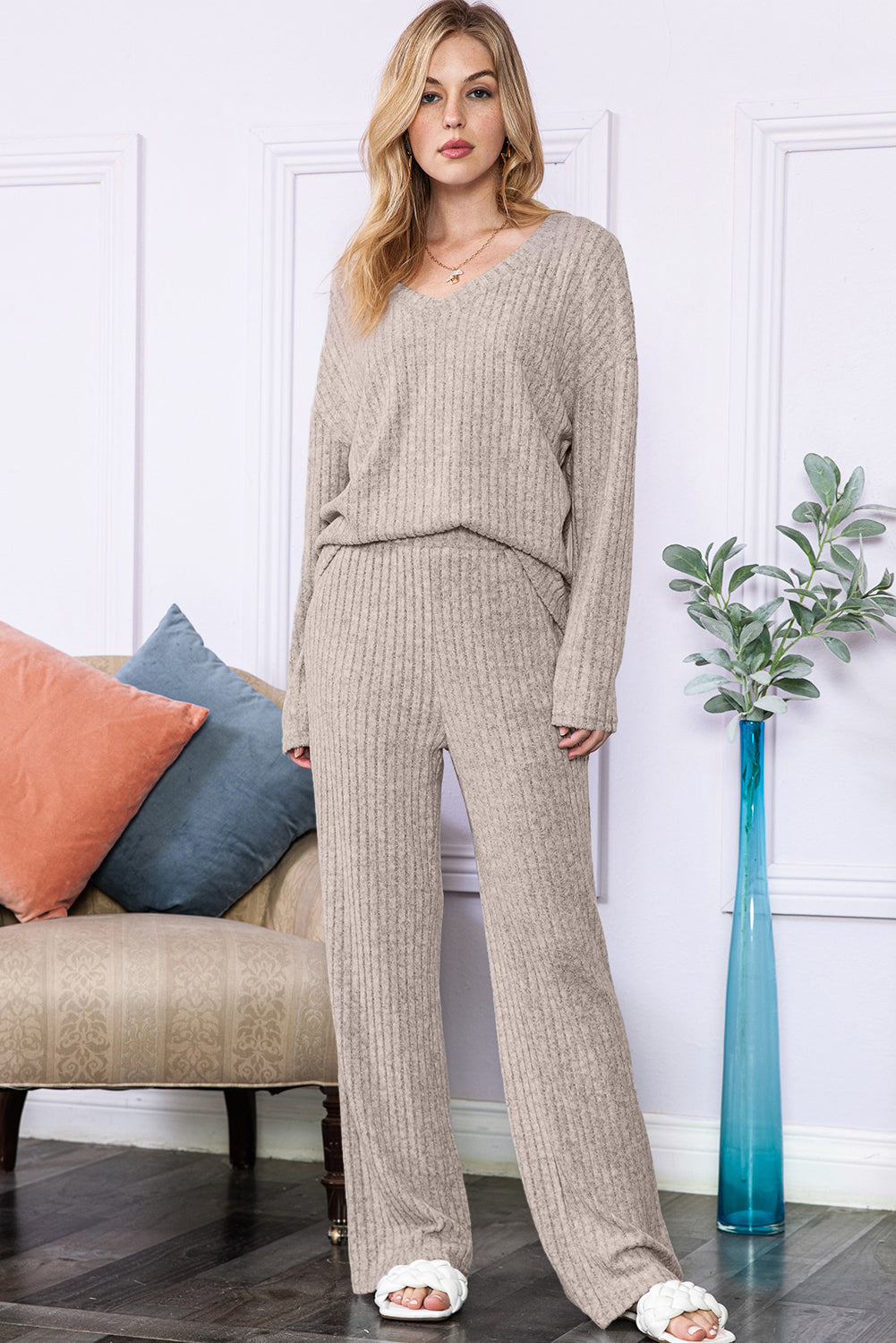 Ensemble haut et pantalon en tricot côtelé ample gris clair à col en V