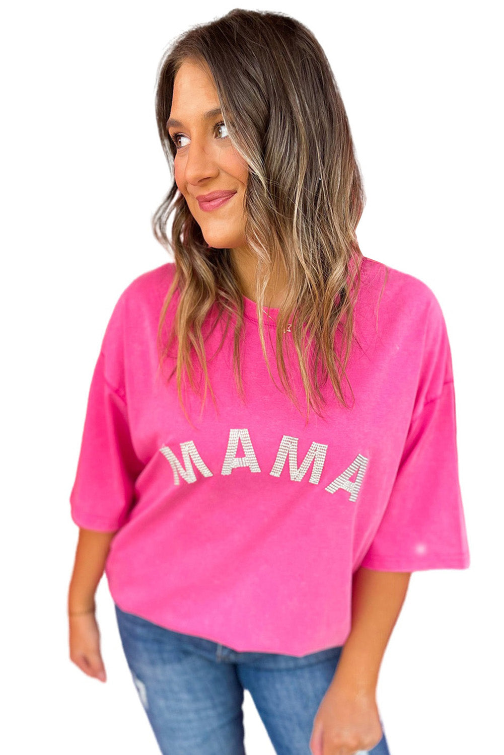 MAMA-T-Shirt mit rosa Strasssteinen und Buchstabendetail