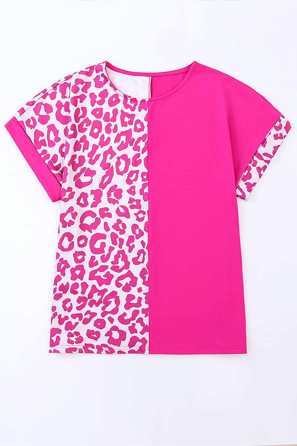 Rosy Leopard Print Top Color Block Rolled Up Sleeve Casual T Shirt