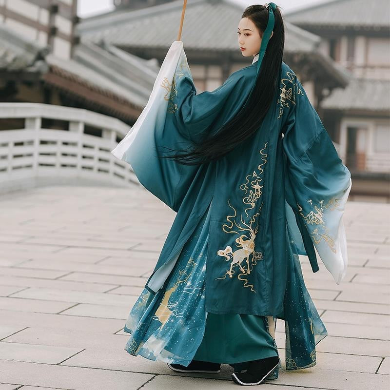 Hanfu Embroidered Large Sleeves Cross Collar Waist Jacket And Dress