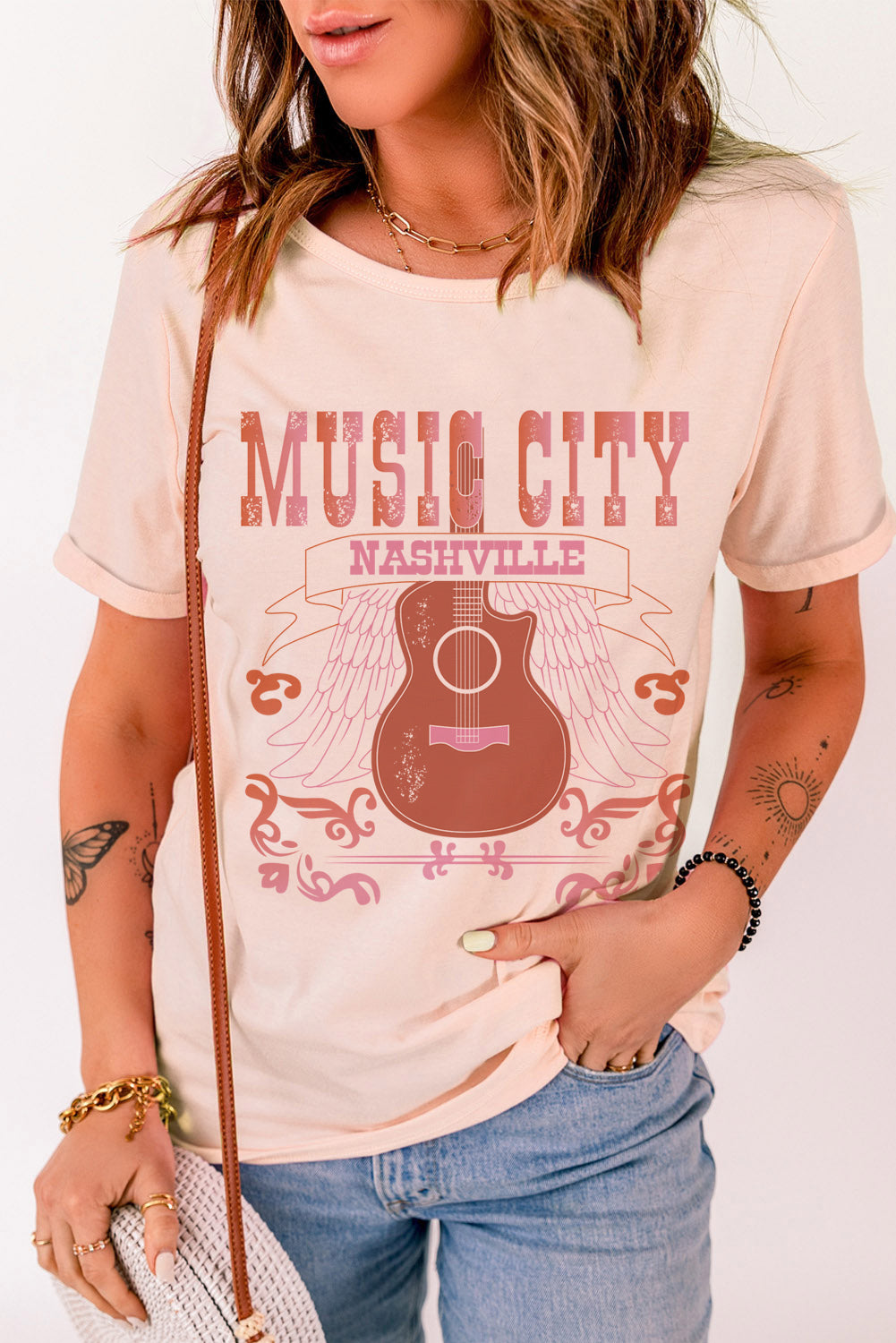 Pink Music City Guitar Casual Graphic Tee