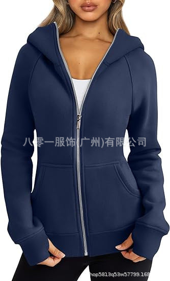 Women's Zipper Short Hood Fleece Lined Solid Color Hoodie Sweater