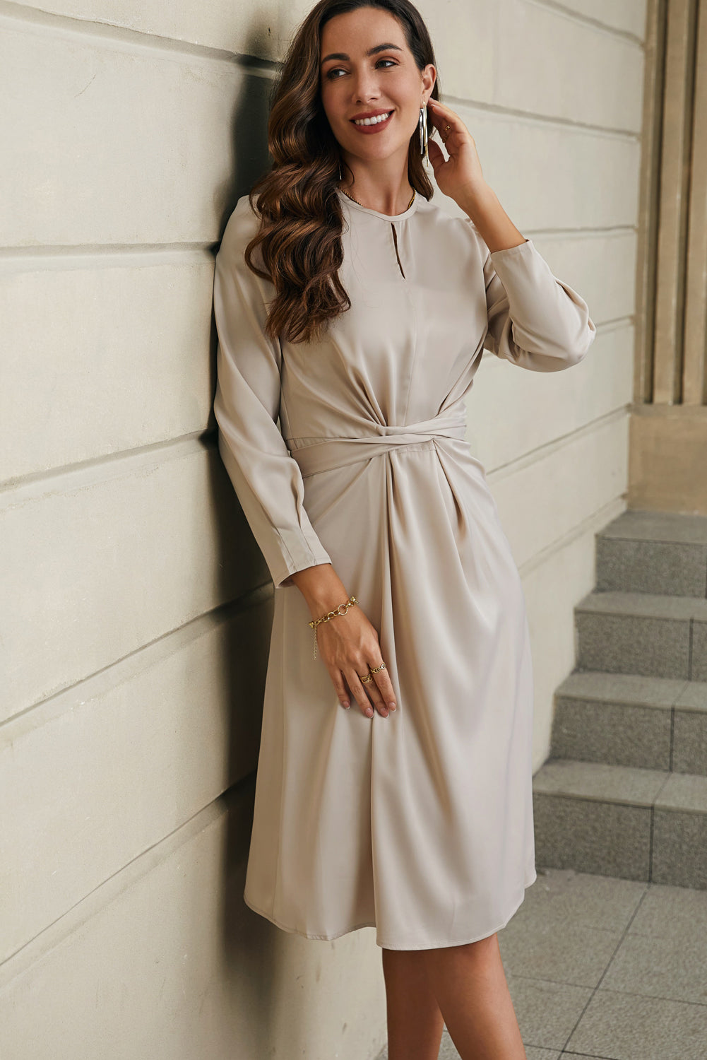 Apricot Twist Front Tie Back Long Sleeve Satin Dress