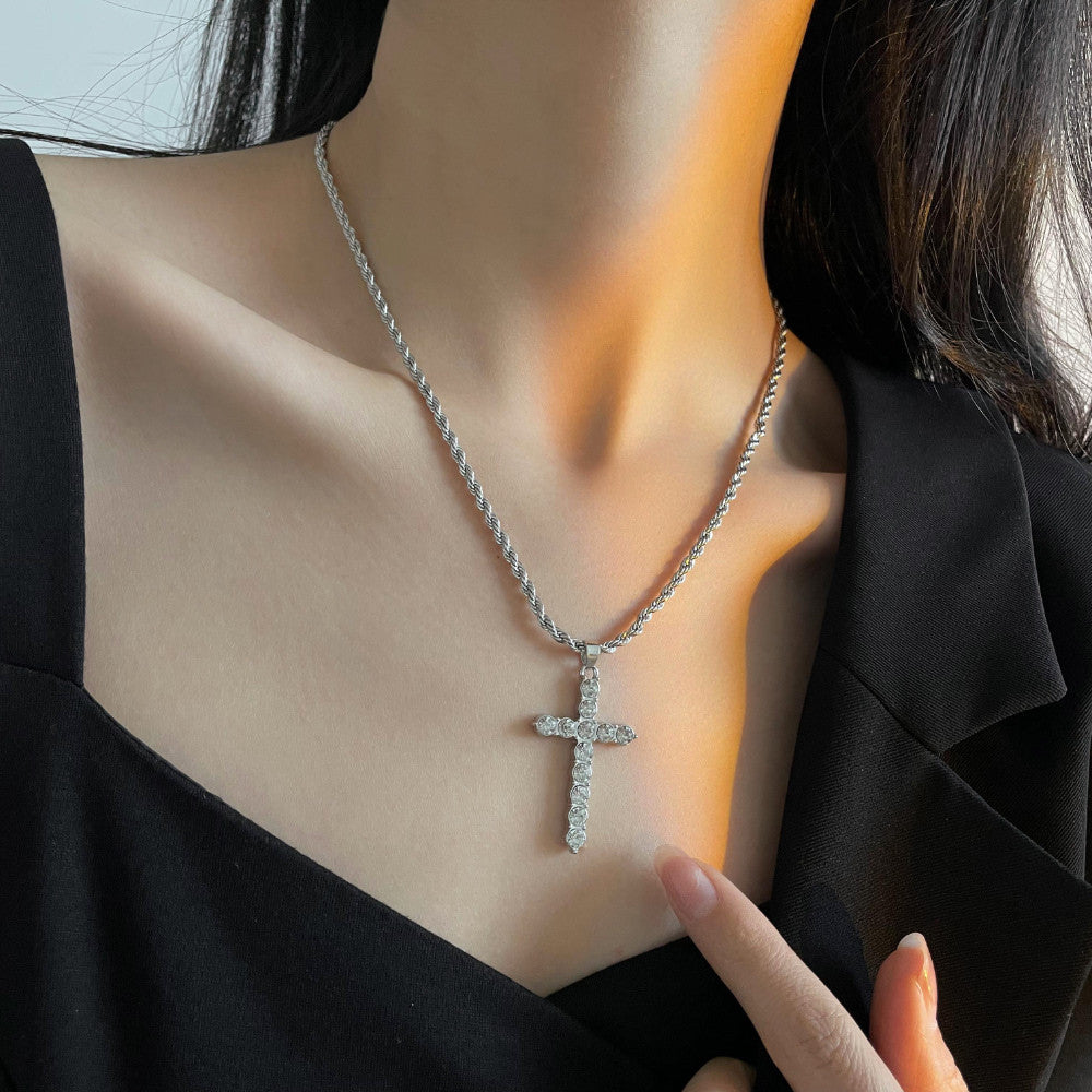 Fashionable and simple twist chain with cross studded diamond design all-match pendant necklace