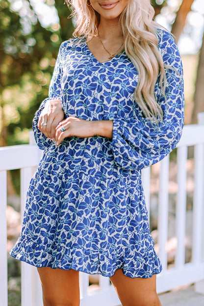 Blue Sky Blue/Blue/Apricot V Neck Lantern Sleeves Floral Tunic Dress