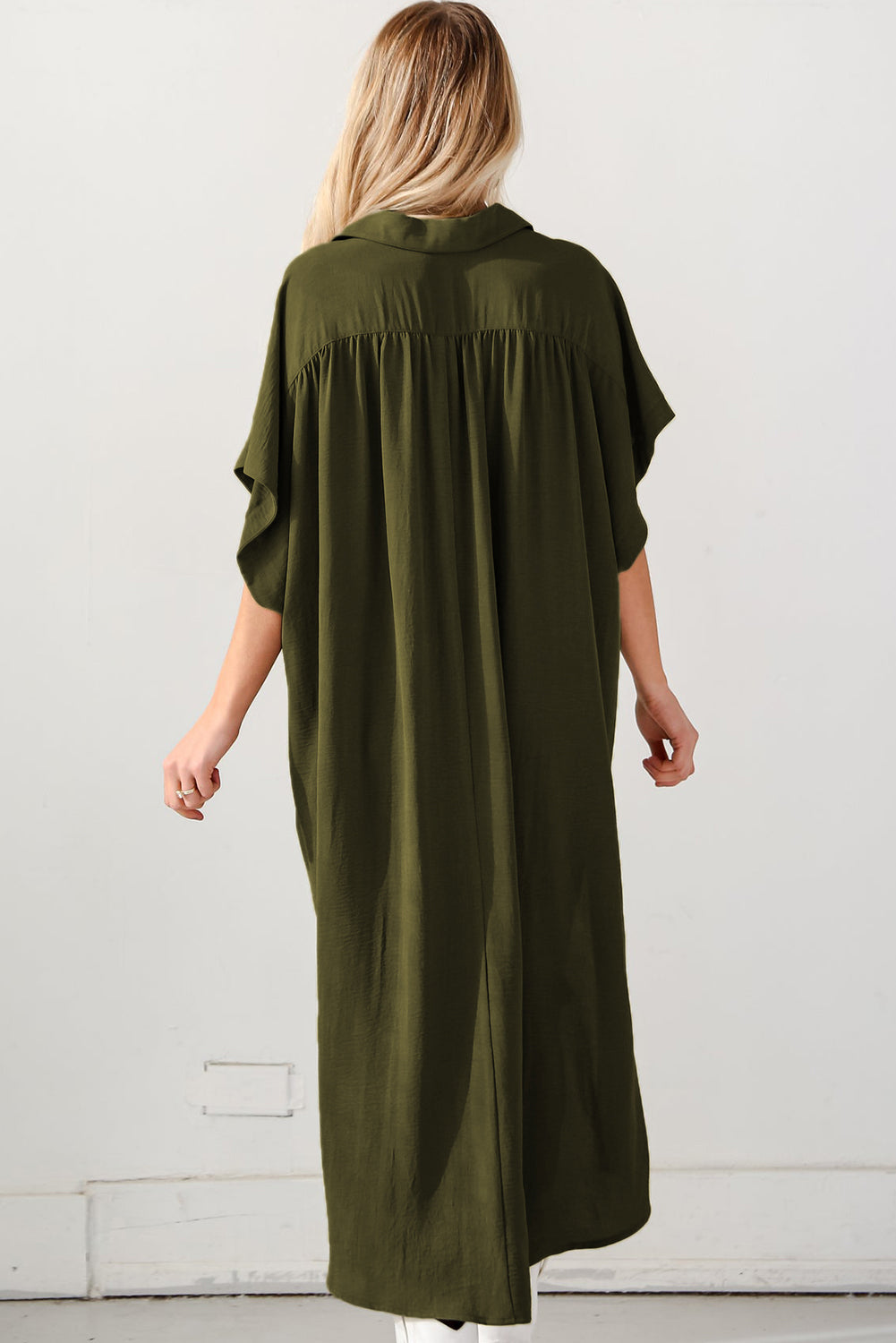 Jungle Green Loose High Low Side Slits Short Sleeve Shirt Dress