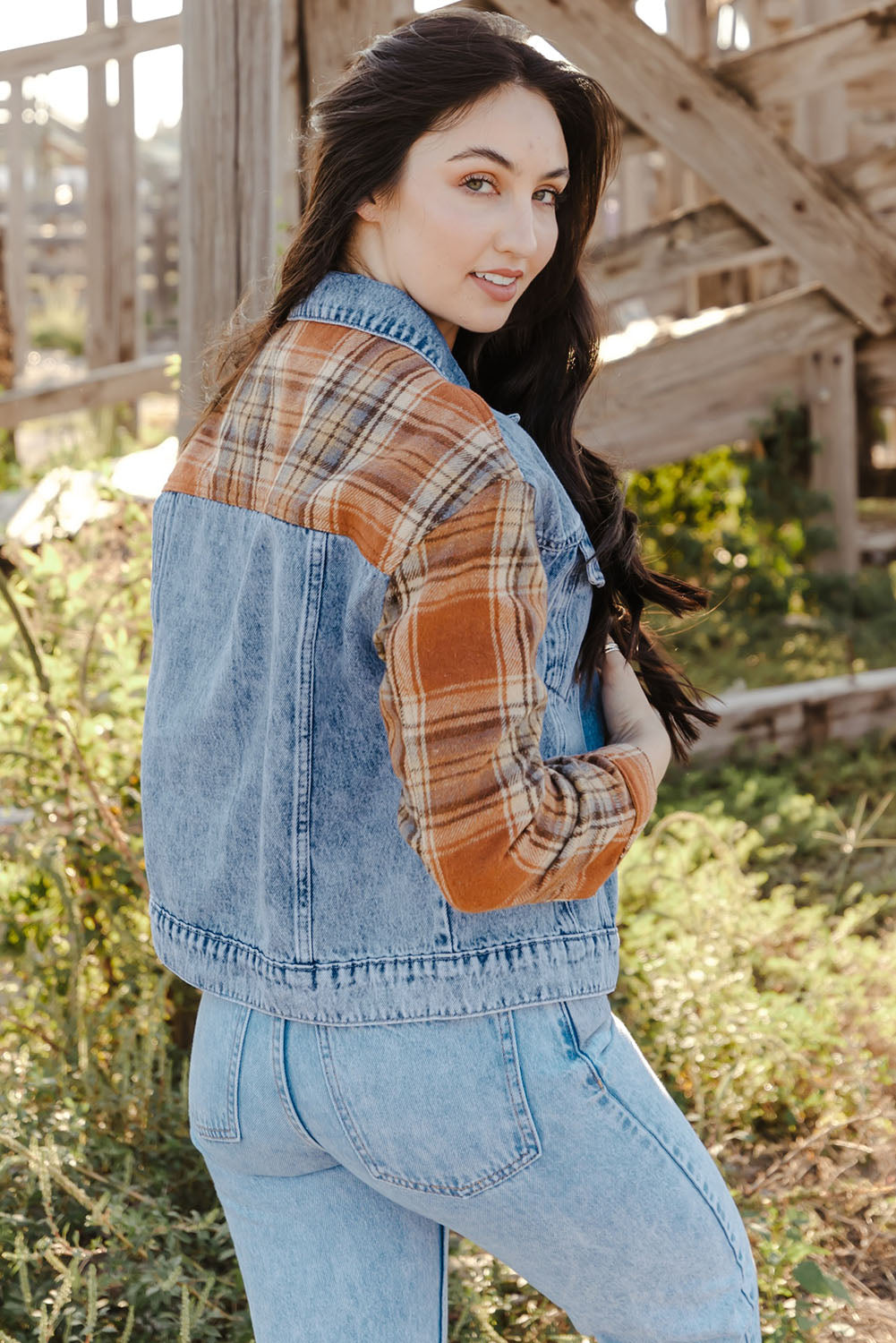 Sky Blue Medium Wash Plaid Sleeves Denim Jacket