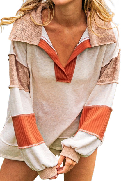 Orange Patchwork V Neck Collared Long Sleeve Top