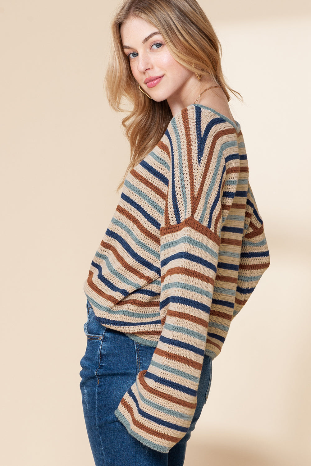 Gray Stripe Knitted Drop Sleeve Cropped Loose Sweater