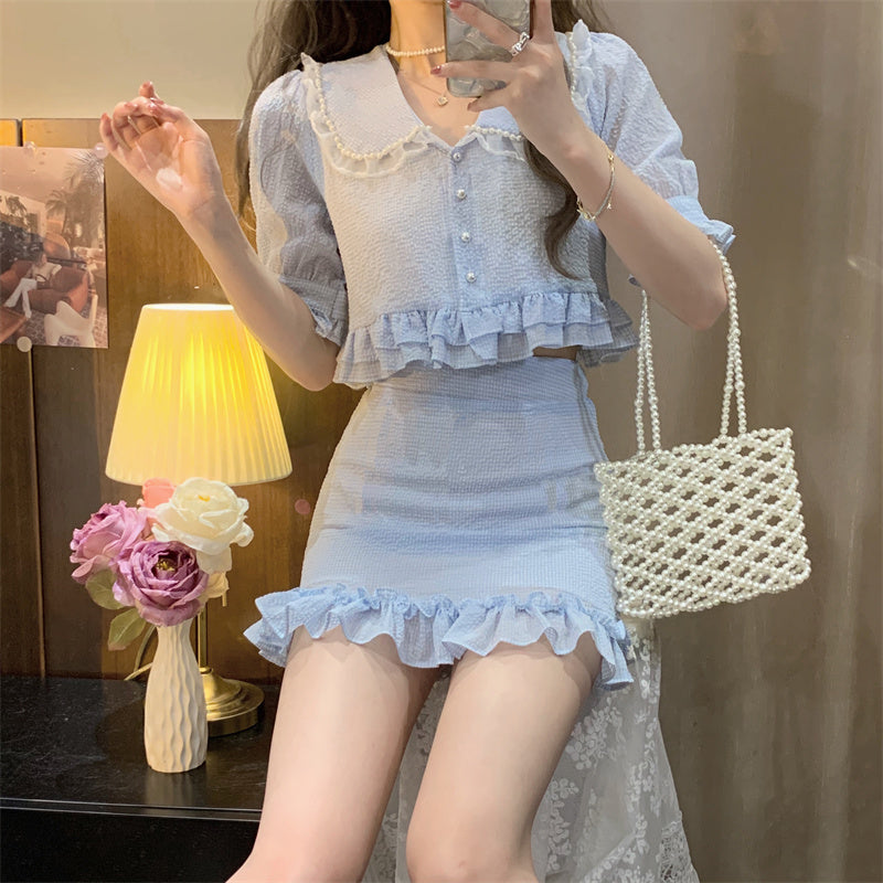 Women's Fashion Bubble Sleeve Doll Collar Shirt Skirt Set