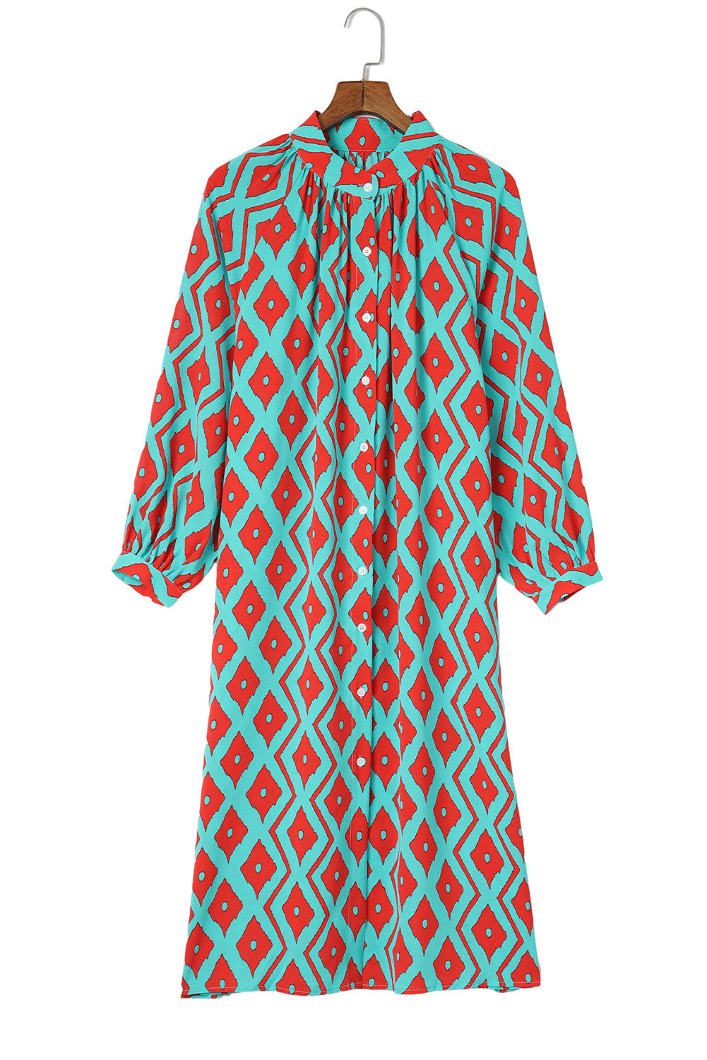 Sky Blue Geometric Print Split Neck Loose Shirt Dress