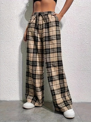 Frühling und Herbst neue Mode Plaid Kordelzug Taille Sport Casual Hosen für Frauen 