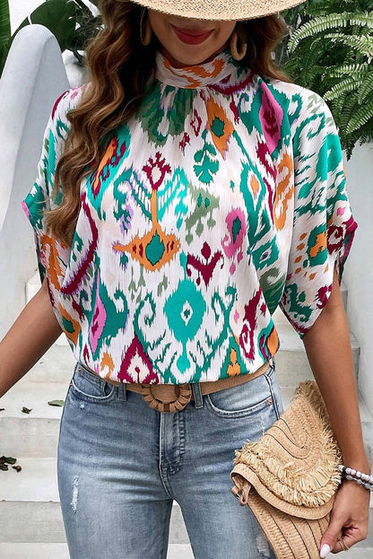 Multicolor Abstract Print Knot Back Half Sleeve Blouse