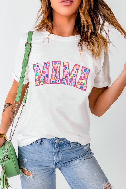 Weißes MAMA T-Shirt mit Leoparden-Stickerei und Rundhalsausschnitt