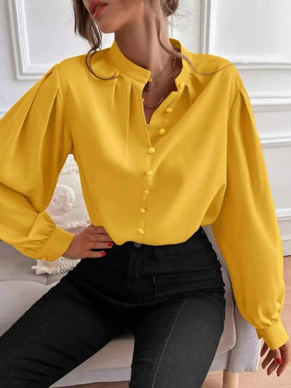 Chemise pour femme à simple boutonnage, couleur unie, col rond, manches longues