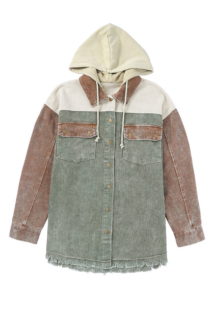 Green Color Block Button Down Hooded Corduroy Jacket