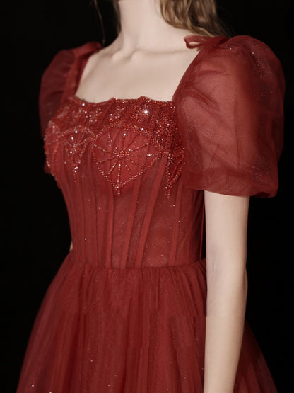 Robe de dîner rouge à manches courtes et bouffantes pour femmes