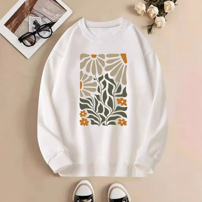 Pull à manches longues et col rond avec imprimé fleurs et plantes pour femme