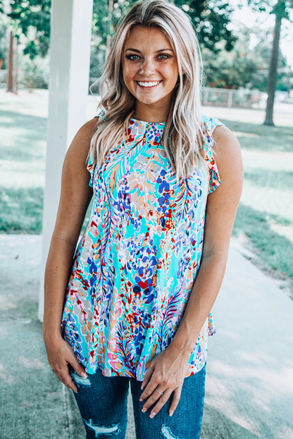 Light Blue Abstract Print Color Block Babydoll Boho Sleeveless Shirt with Ruffle