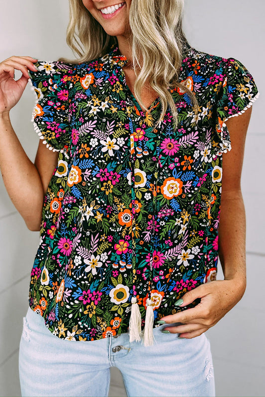 Blouse noire à imprimé floral tropical et manches flottantes avec bordure en dentelle