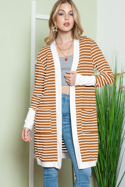 Cardigan long rayé blanc avec poches latérales et devant ouvert