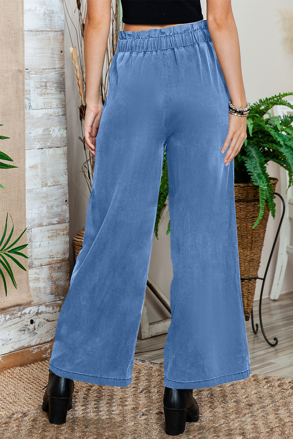 Sky Blue High Waist Pocketed Wide Leg Tencel Jeans