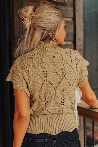 Pull à col haut en tricot ajouré beige clair à bordure festonnée