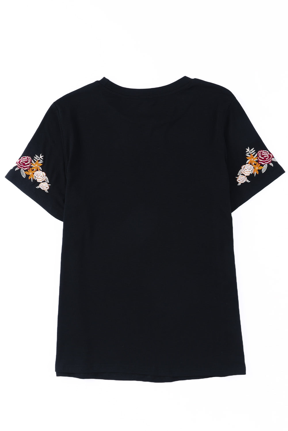 Black Casual Floral Embroidered Round Neck T Shirt