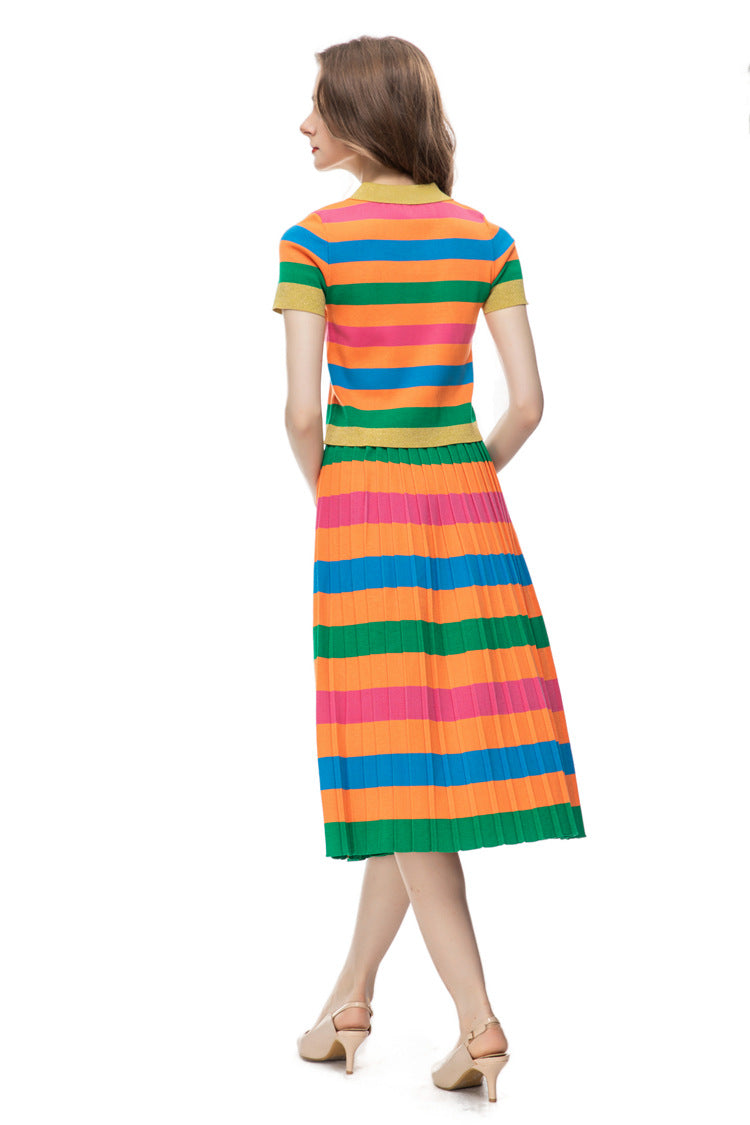 Women's Casual Fashion Printing Knitted Colorful Striped Top Mid-length Dress Set