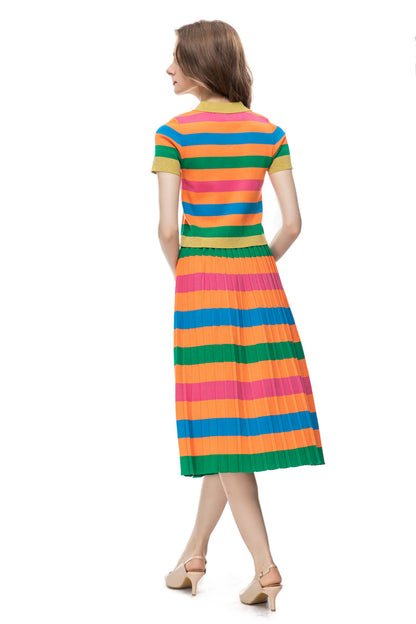 Ensemble de robe mi-longue en tricot coloré pour femmes, décontracté, imprimé, à la mode, haut rayé