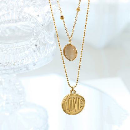 18K Gold Classic Simple LOVE Round Plate with Opal Double Layer Necklace