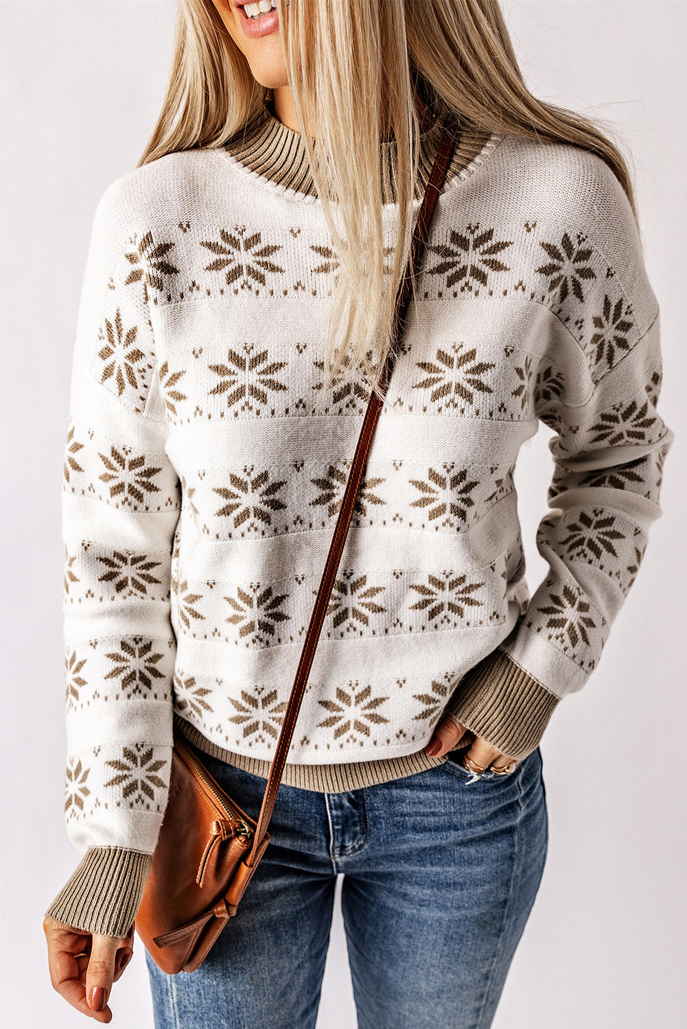 Pull de Noël blanc en tricot à col montant et flocon de neige