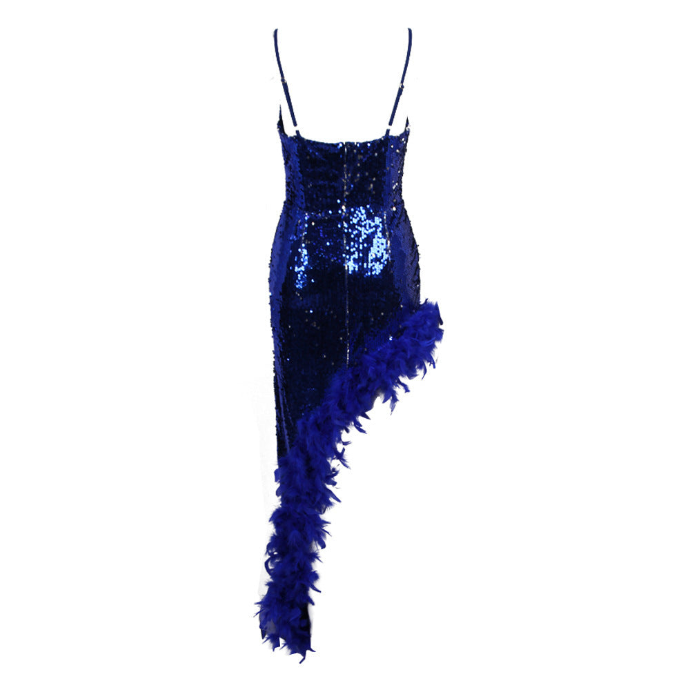 Women's Fashion Temperament Commute Sequined Feather French Strap Dress