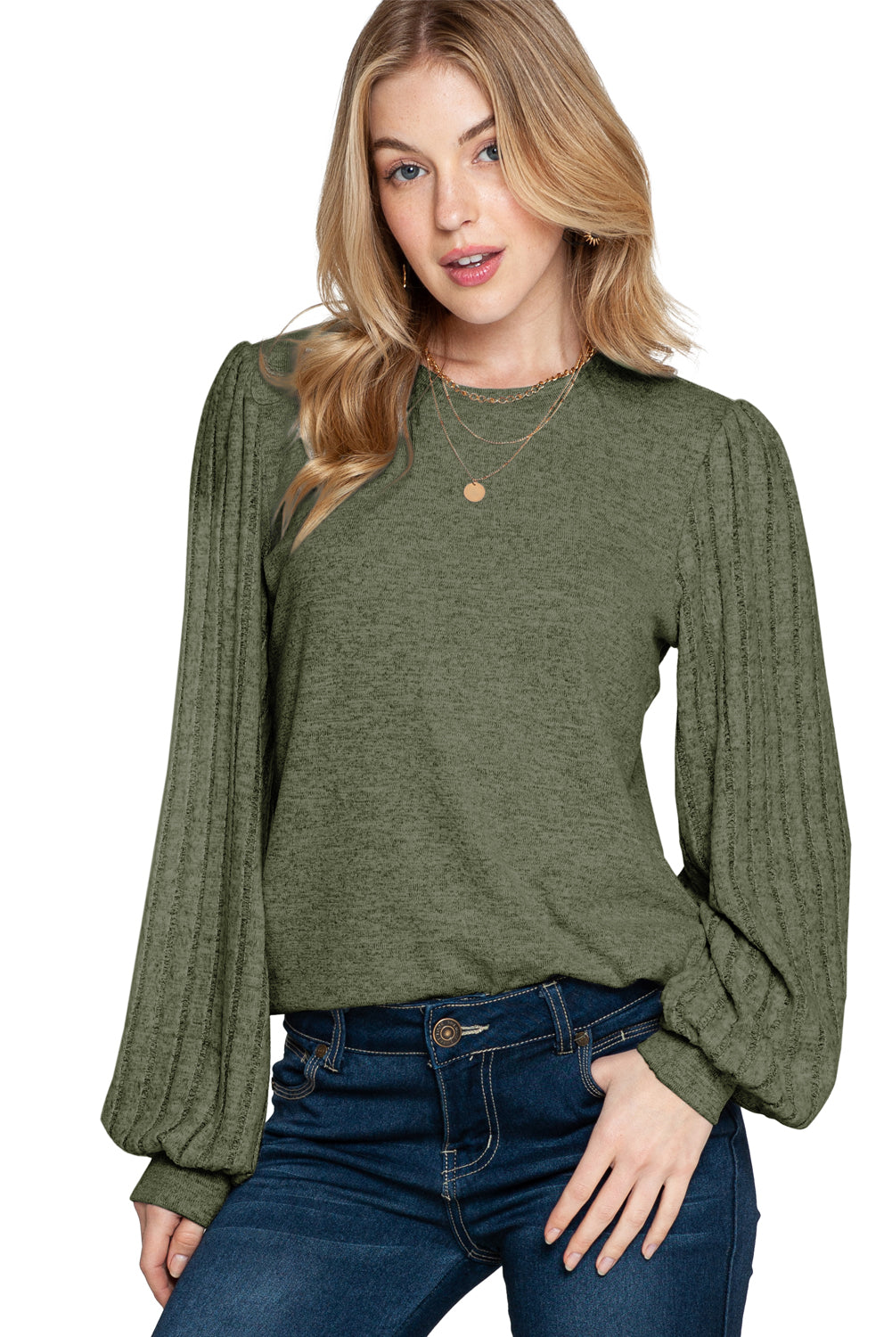 Gray Solid Color Contrast Ribbed Bishop Sleeve Top