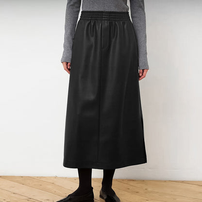 Autumn And Winter Leather Skirt Women's Elastic Waist A- Line