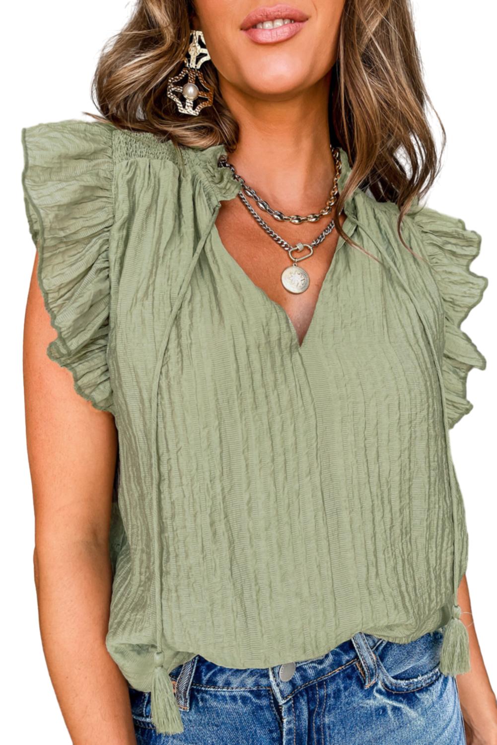 Meadow Mist Green V Neck Flutter Sleeve Textured Blouse