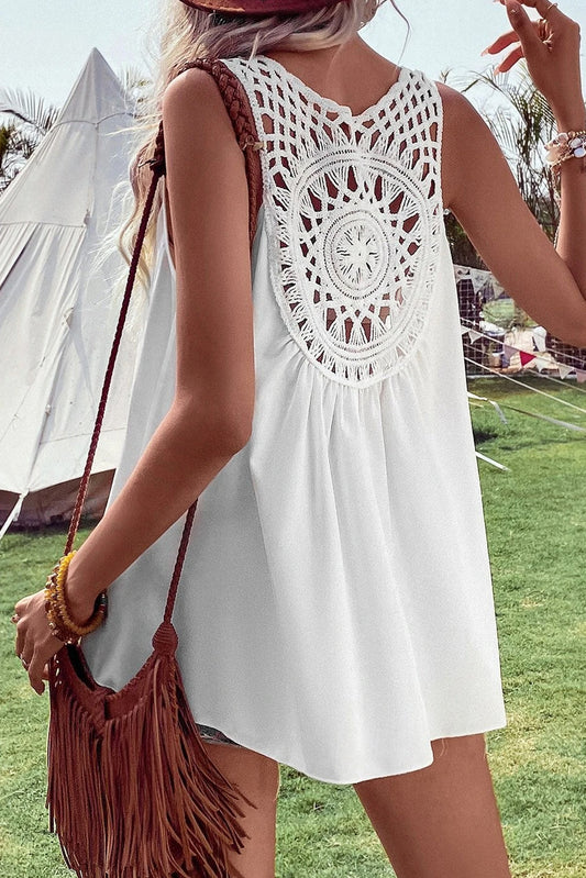 White Bohemian Crochet Patchwork Sleeveless Tunic Top