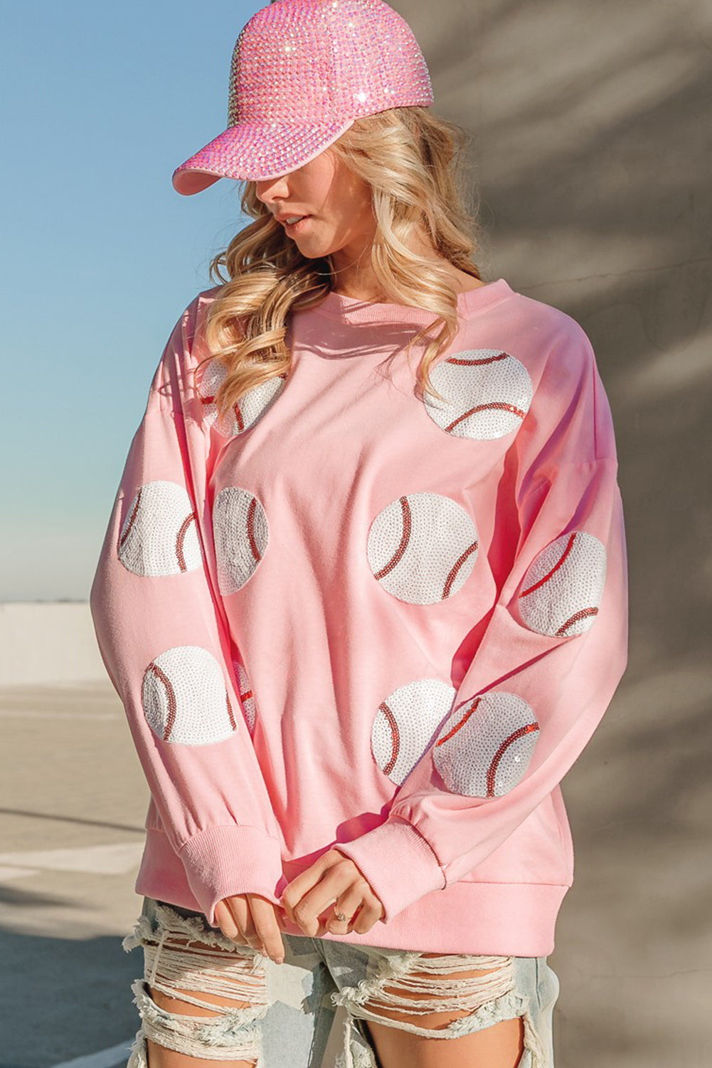 Pink Sequin Baseball Graphic Drop Sleeve Sweatshirt