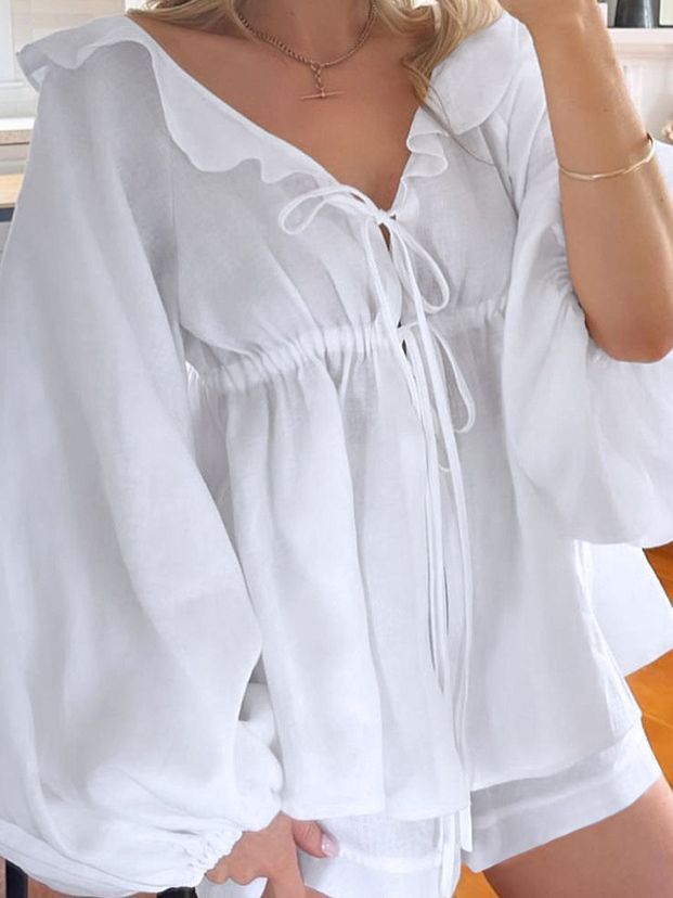 Women's Fashion Casual Cotton And Linen Puff Sleeve Casual Suit