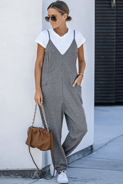 Black Textured Sleeveless V-Neck Pocketed Casual Jumpsuit