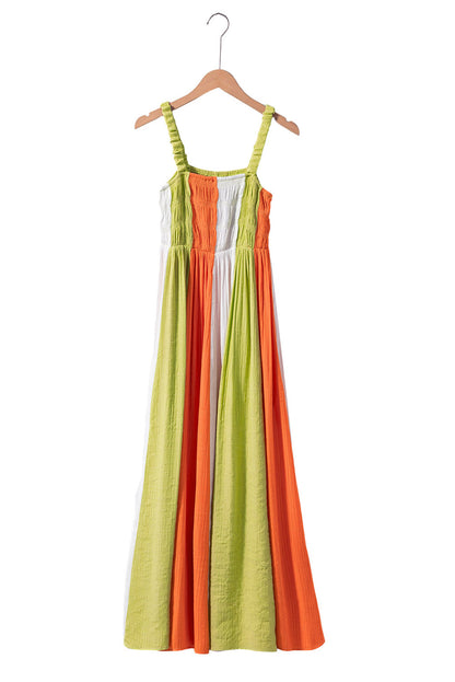 Green Color Block Shirred High Waist Pleated Maxi Dress