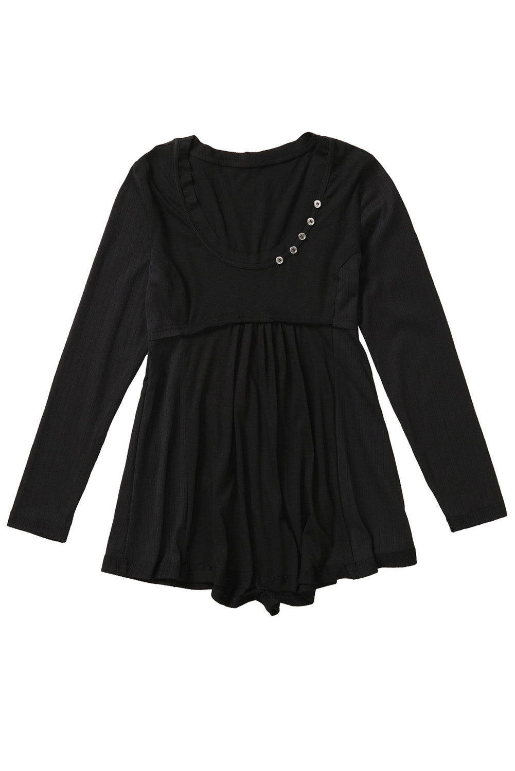 Black Solid Color Buttons Long Sleeve Babydoll Blouse