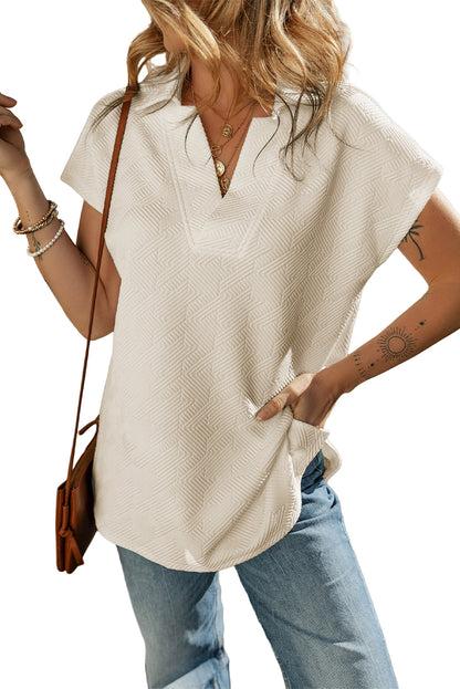 White Textured V Neck Collared Split Hem T Shirt