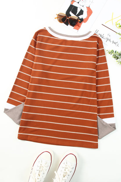 Dark Blue Striped Spliced Color Block Rib Knit Top