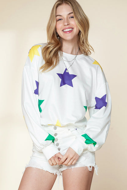 White Mardi Gras Star Print Long Sleeve Top