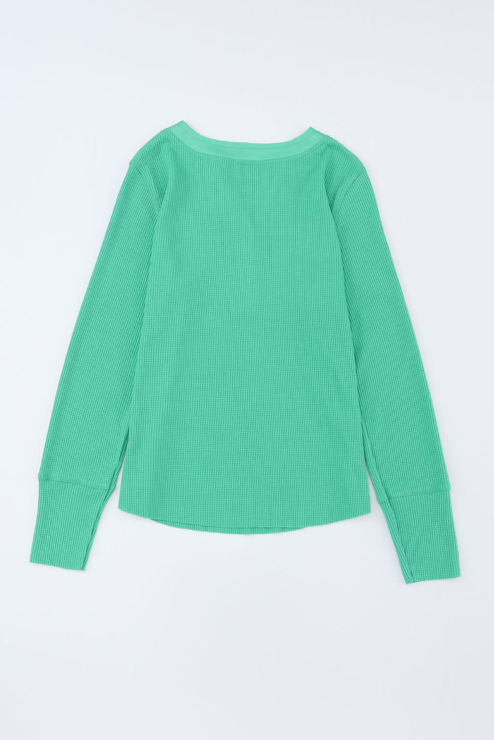 Green Solid Color Waffle Knit Long Sleeve Henley Shirt