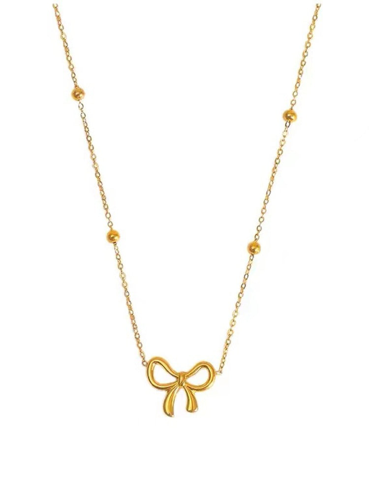 18K gold light luxury noble bow and bead design versatile necklace