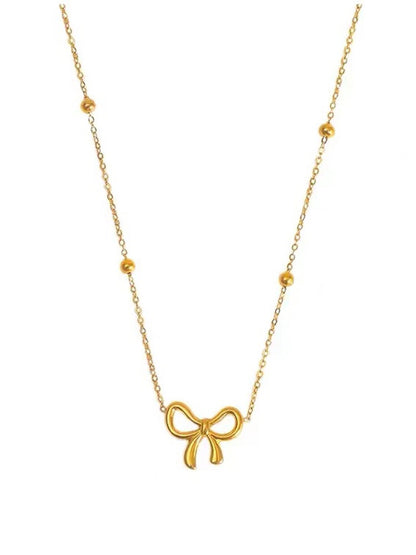 18K gold light luxury noble bow and bead design versatile necklace