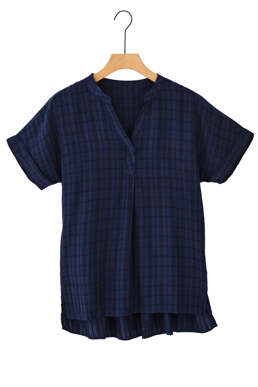 Navy Plaid Print Loose V Neck Short Sleeve Shirt with Slits