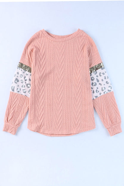 Pink Leopard Sequin Splicing Sleeves Textured Knit Top